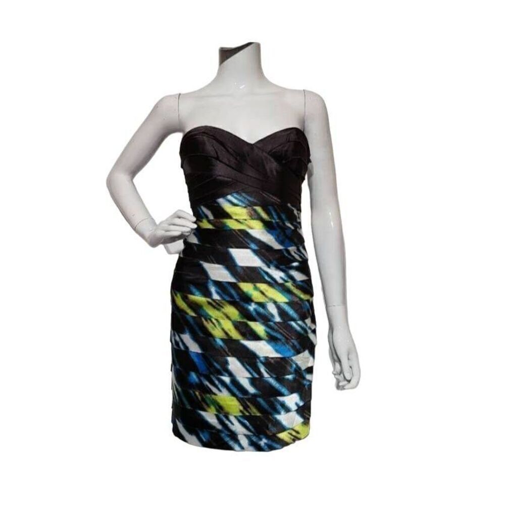 Bebe strapless ruffle multicolored satin dress size XXS